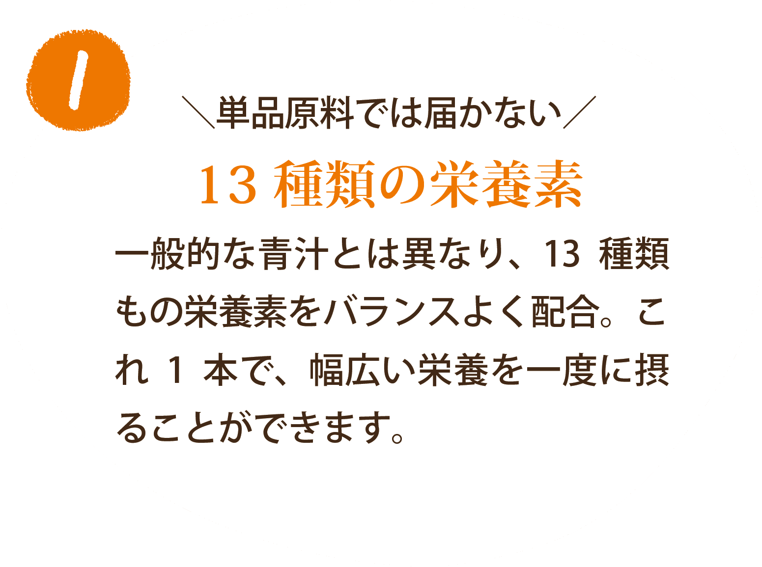 13種類の栄養素 一般的な青汁とは異なり、13種もの栄養素をバランスよく配合。これ1本で、幅広い栄養を一度に摂ることができます。